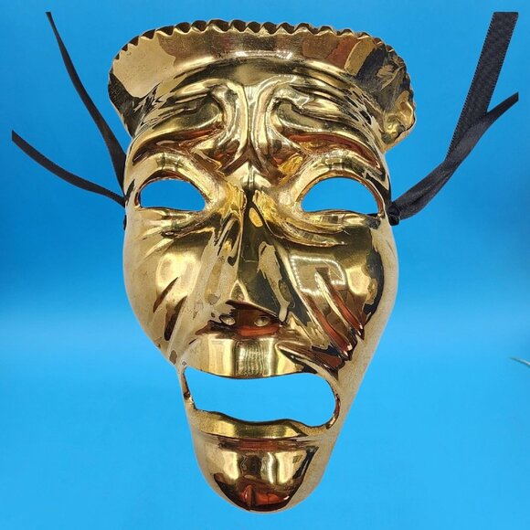 Vintage 1970s Brass Tragedy Death Mask Wall Art Gothic Theater Drama Prop Ribbon - Picture 3 of 8